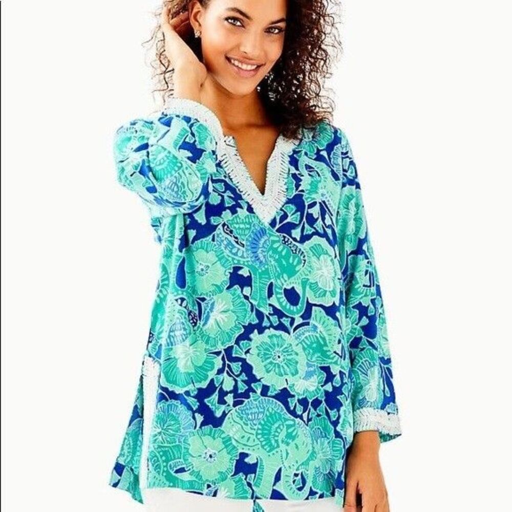 Lilly Pulitzer Renato Sequin Embellished Tunic Top Printed Resort XXS 228378